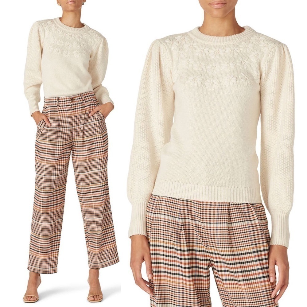 LOUNA Puffed Sleeve Floral Embroidered Cottagecore Textured Pullover Sweater XS